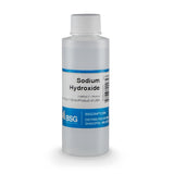 Bottle of sodium hydroxide with a blue label on a white background