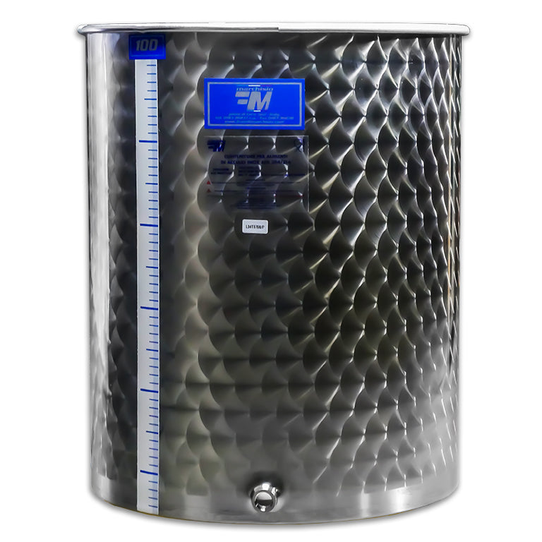 Stainless steel tank with textured surface and FM label on a white background