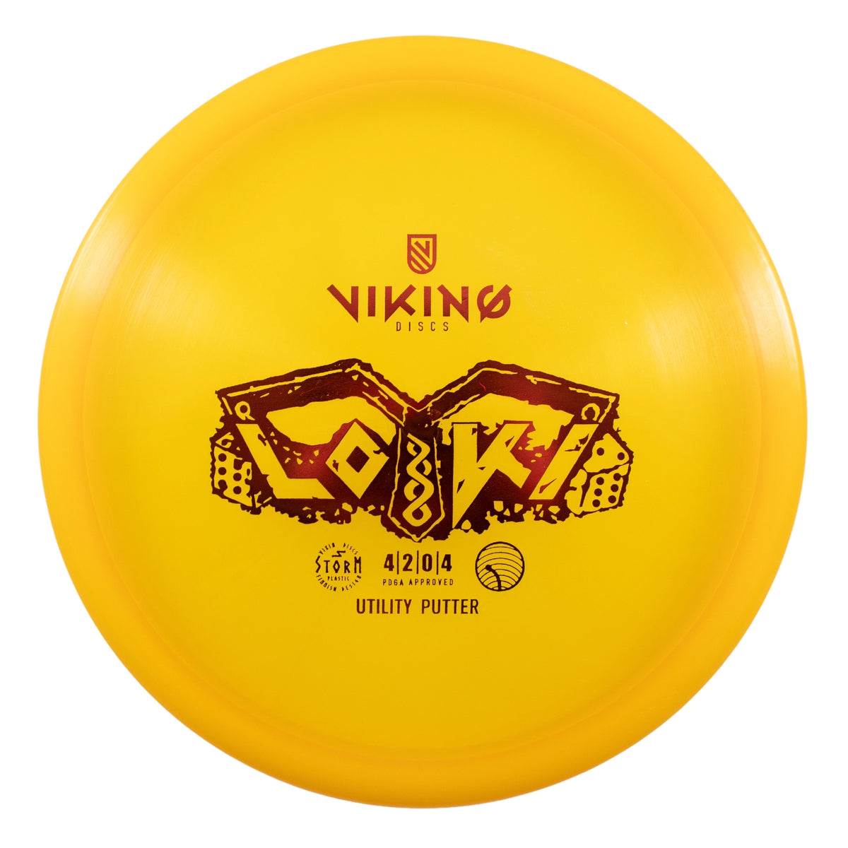 Yellow disc golf putter with Viking Discs branding on a white background