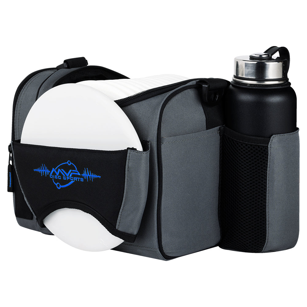 Gray bag with a black water bottle and white discs on a white background