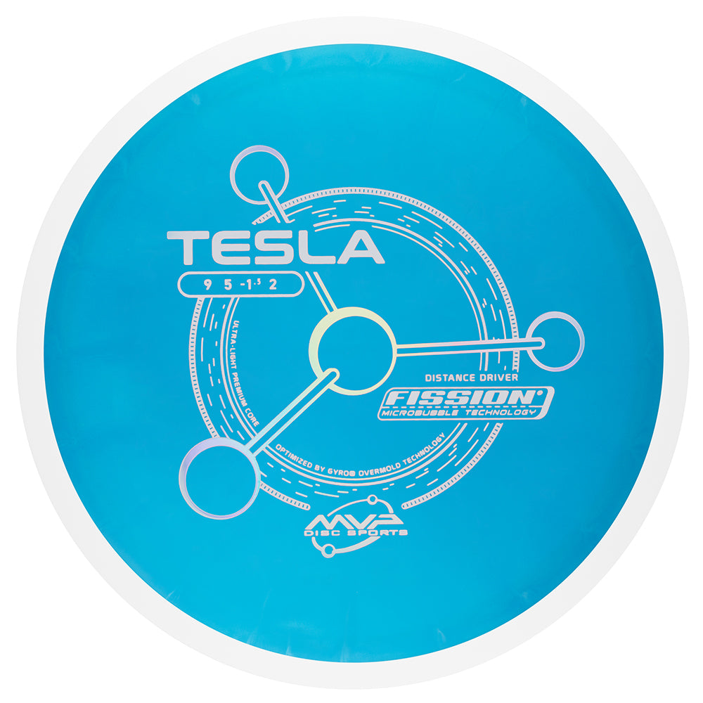 Blue disc golf disc with Tesla branding on a white background