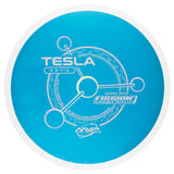 Blue disc golf disc with Tesla branding on a white background