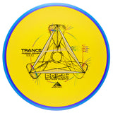 Yellow disc golf disc with blue rim and geometric design on a white background