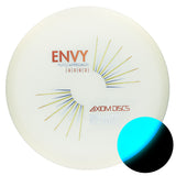 White disc golf putter with 'Envy' and 'Axiom Discs' branding on a white background