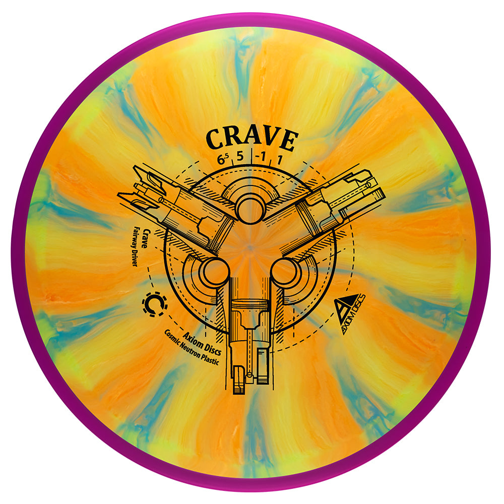Colorful disc with 'Crave' branding and design on a white background