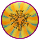Colorful disc with 'Crave' branding and design on a white background
