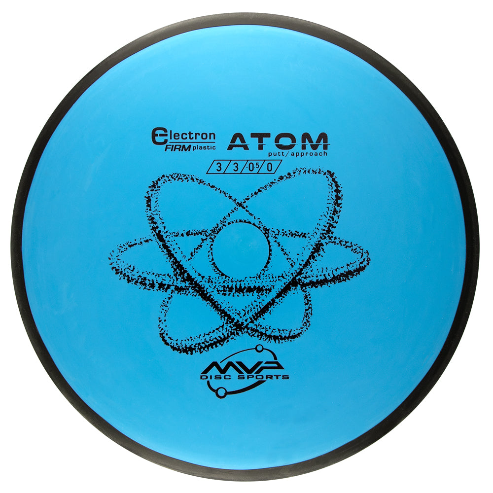 Blue disc with black Atom branding and text and atom design on a white background