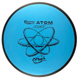 Blue disc with black Atom branding and text and atom design on a white background