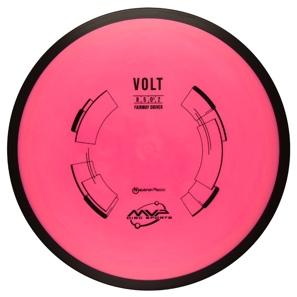 Pink Volt disc golf driver with MVP Disc Sports branding on a white background