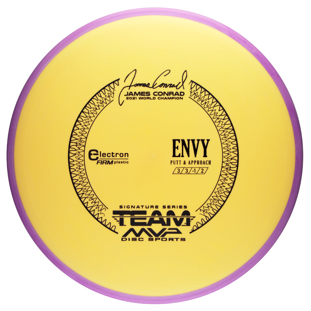 Yellow disc golf putter with purple rim on a white background