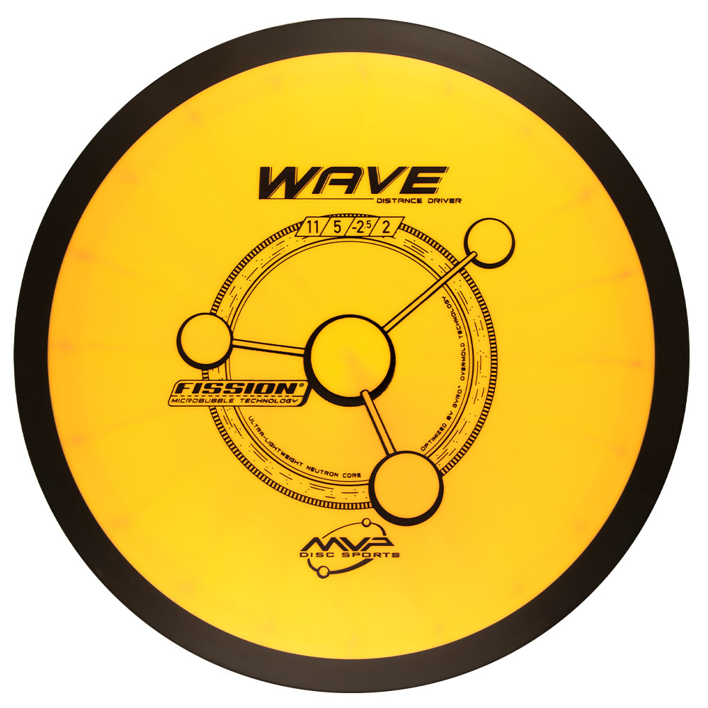 Yellow disc golf disc with black text and branding on a white background