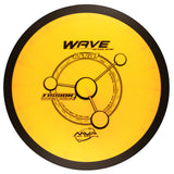 Yellow disc golf disc with black text and branding on a white background