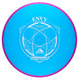 Blue disc golf disc with pink rim on a white background