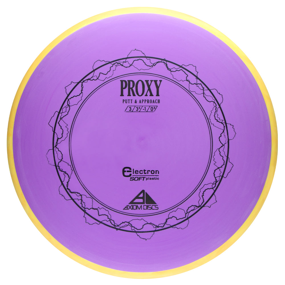 Purple disc golf putter with yellow rim on a white background