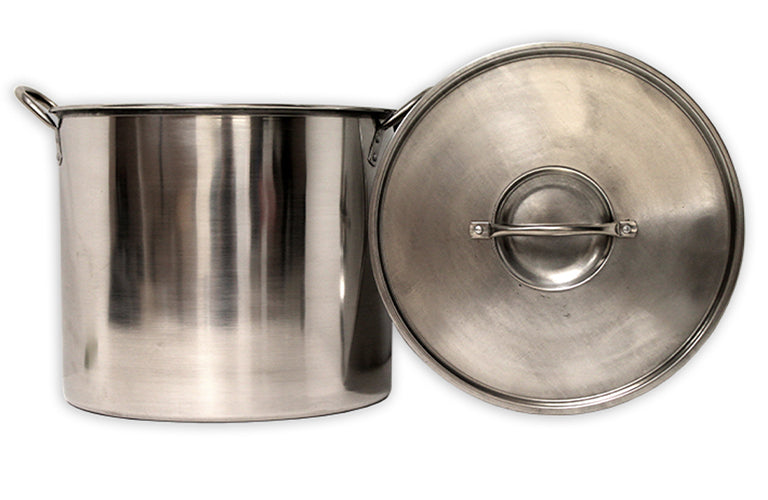 Stainless steel pot with lid on a white background