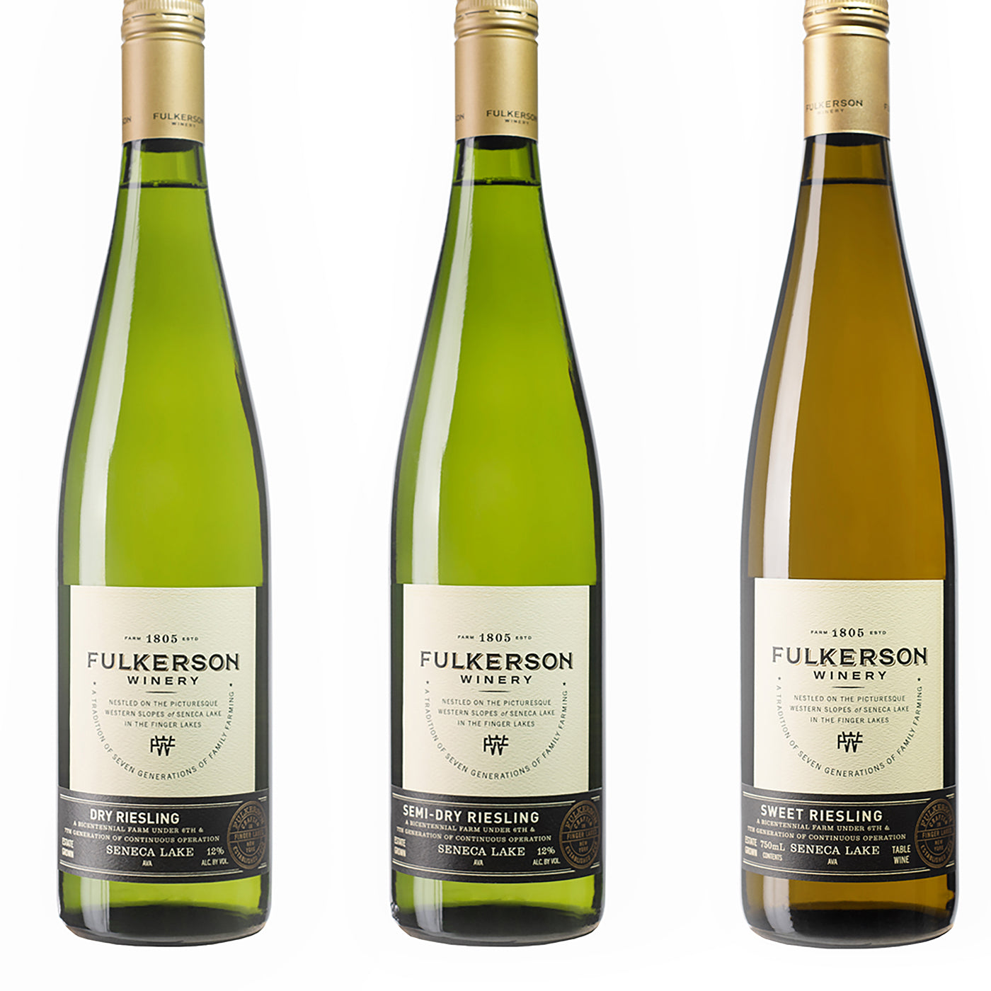 Three bottles of Fulkerson Winery Rieslings on a white background