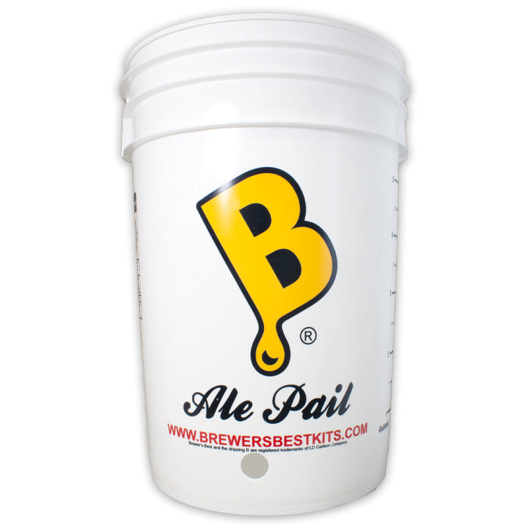 White plastic pail with a yellow 'B' logo and hole in bottom part on a white background