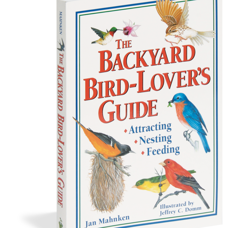 Book titled 'The Backyard Bird-Lover's Guide' with bird illustrations on a white background
