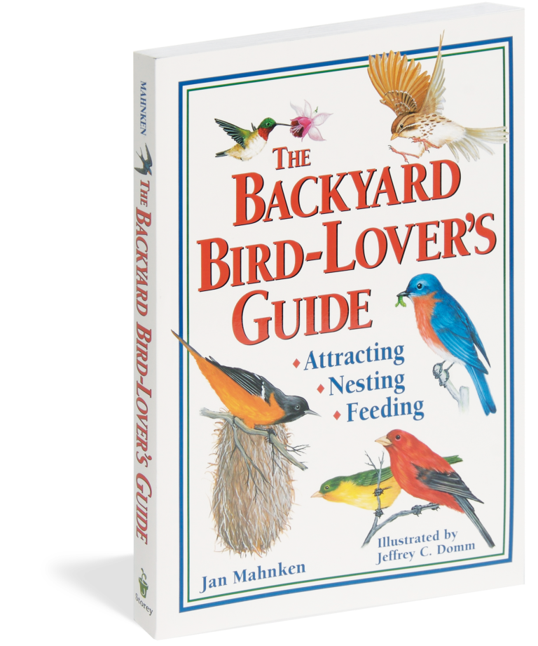 Book titled 'The Backyard Bird-Lover's Guide' with bird illustrations on a white background