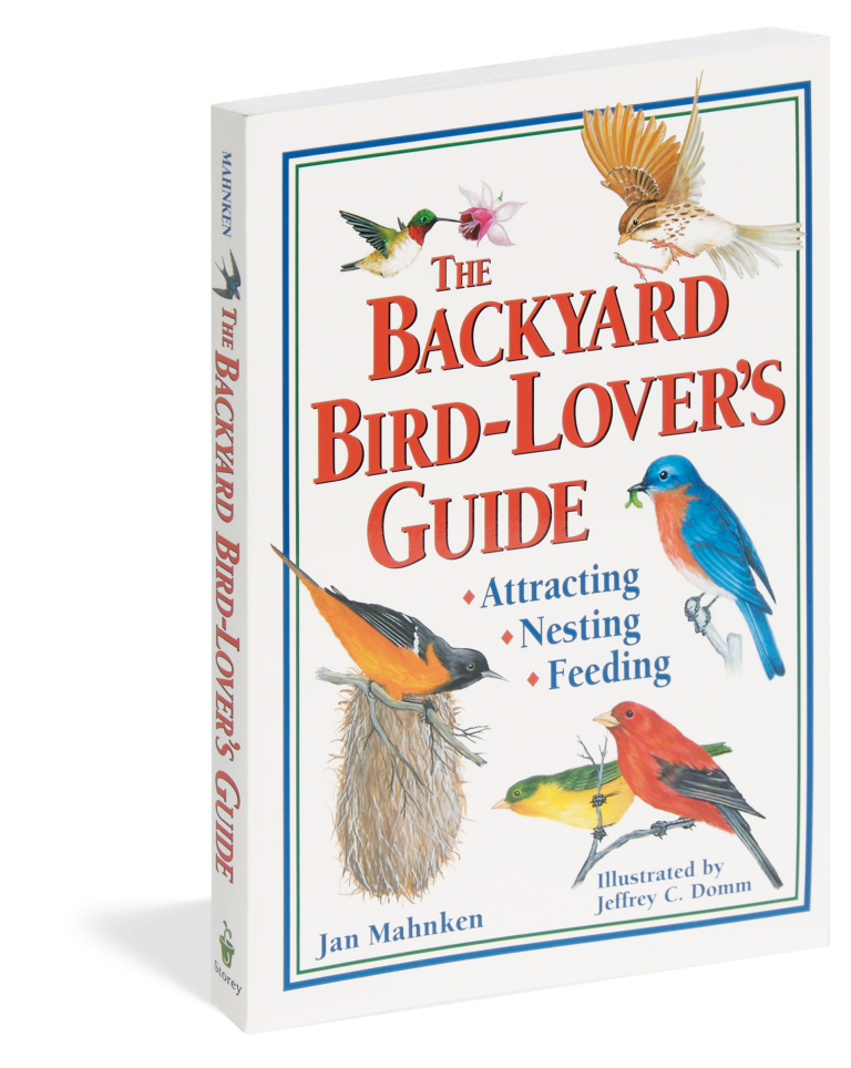 Book titled 'The Backyard Bird-Lover's Guide' with bird illustrations on a white background