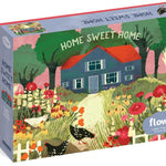 Jigsaw puzzle box with a colorful illustration of a house, garden, and chickens on a white background.
