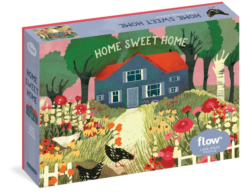 Jigsaw puzzle box with a colorful illustration of a house, garden, and chickens on a white background.