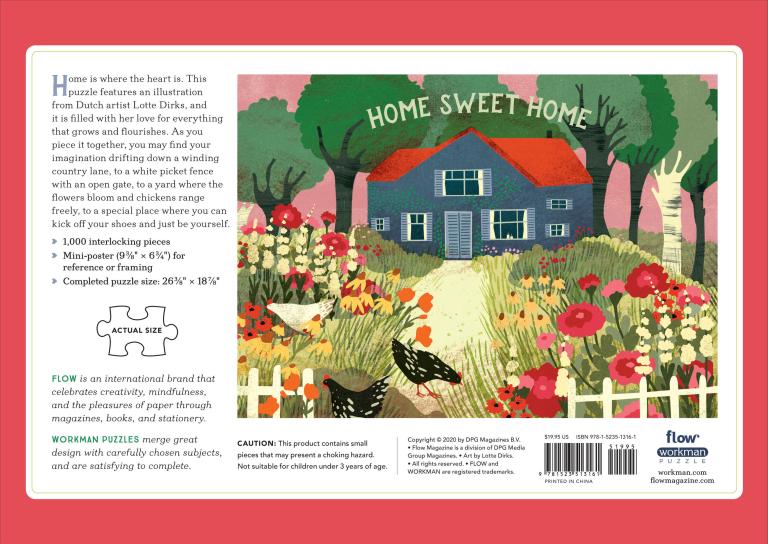 Puzzle box with illustration of a house and garden, featuring text 'Home Sweet Home'.