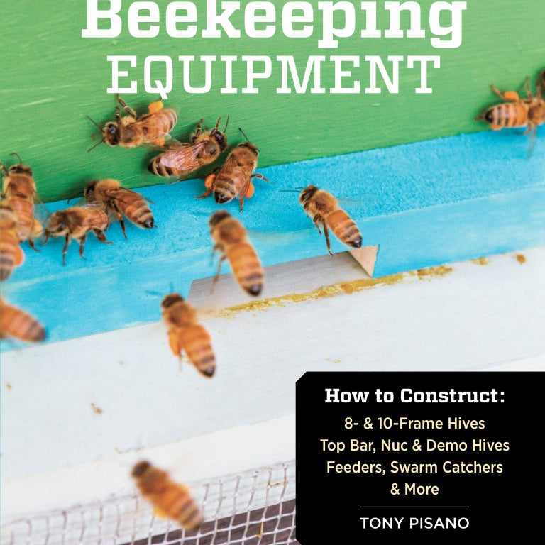 Book cover of 'Build Your Own Beekeeping Equipment' with bees on a hive frame.