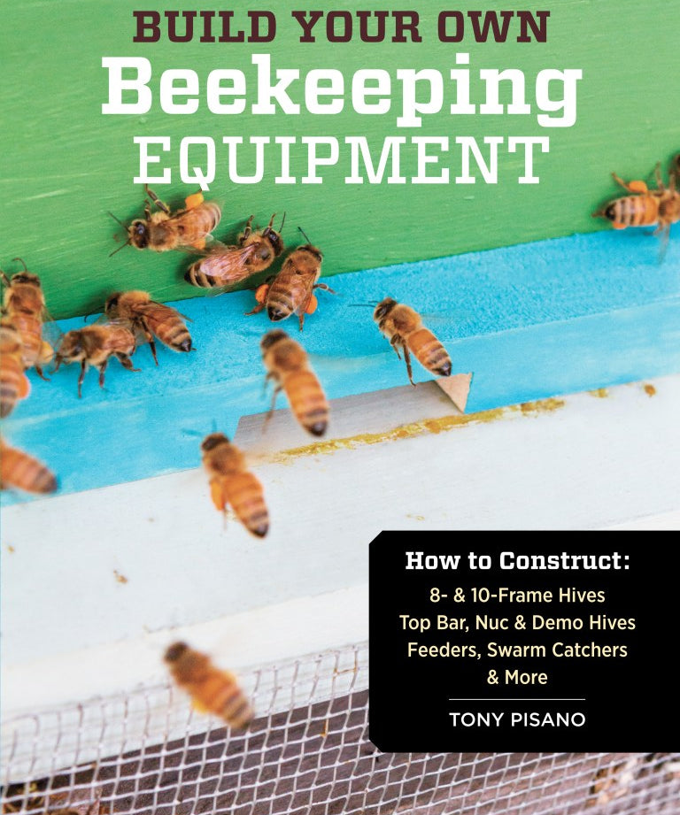 Book cover of 'Build Your Own Beekeeping Equipment' with bees on a hive frame.