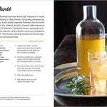 Herb-sante bottle and cocktail on a plate with text on the left