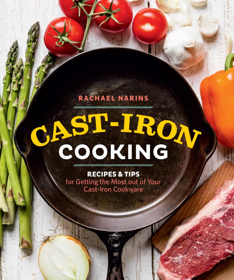 Cookbook cover of 'Cast-Iron Cooking' with a cast-iron skillet, vegetables, and meat on a white background.