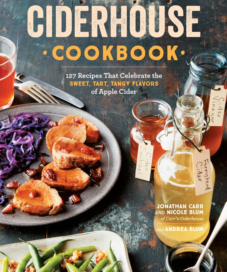 Ciderhouse Cookbook cover with food and cider bottles on a dark background