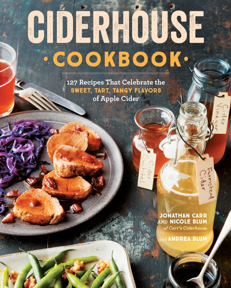 Ciderhouse Cookbook cover with food and cider bottles on a dark background