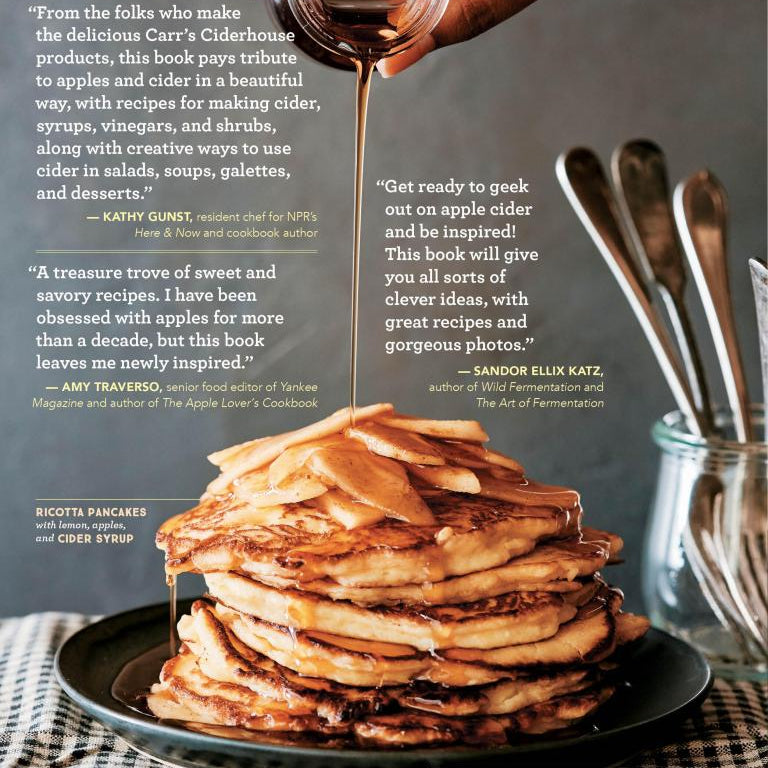 Stack of pancakes with syrup being poured over them on a plate, with text and a storey logo in the background.
