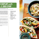 Recipe for roasted eggplant with tahini and cider syrup on a magazine page.