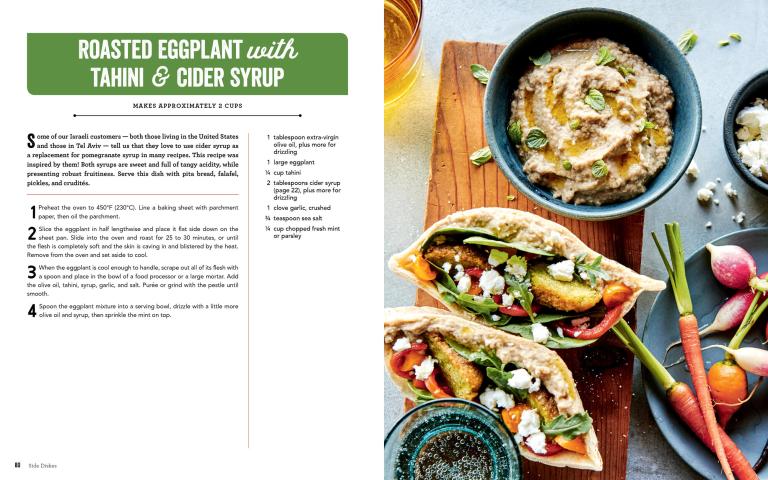 Recipe for roasted eggplant with tahini and cider syrup on a magazine page.