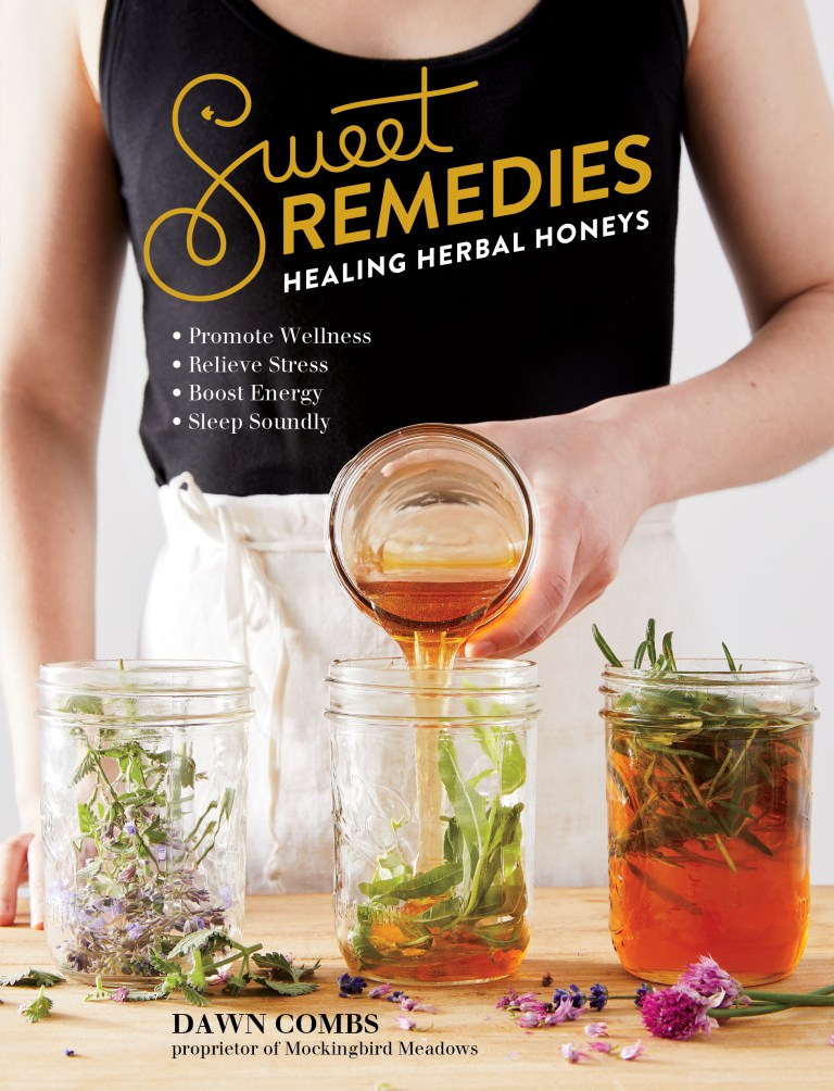 Person pouring honey into jars of herbal mixtures On a white background. Cover of  'Sweet Remedies' book. 