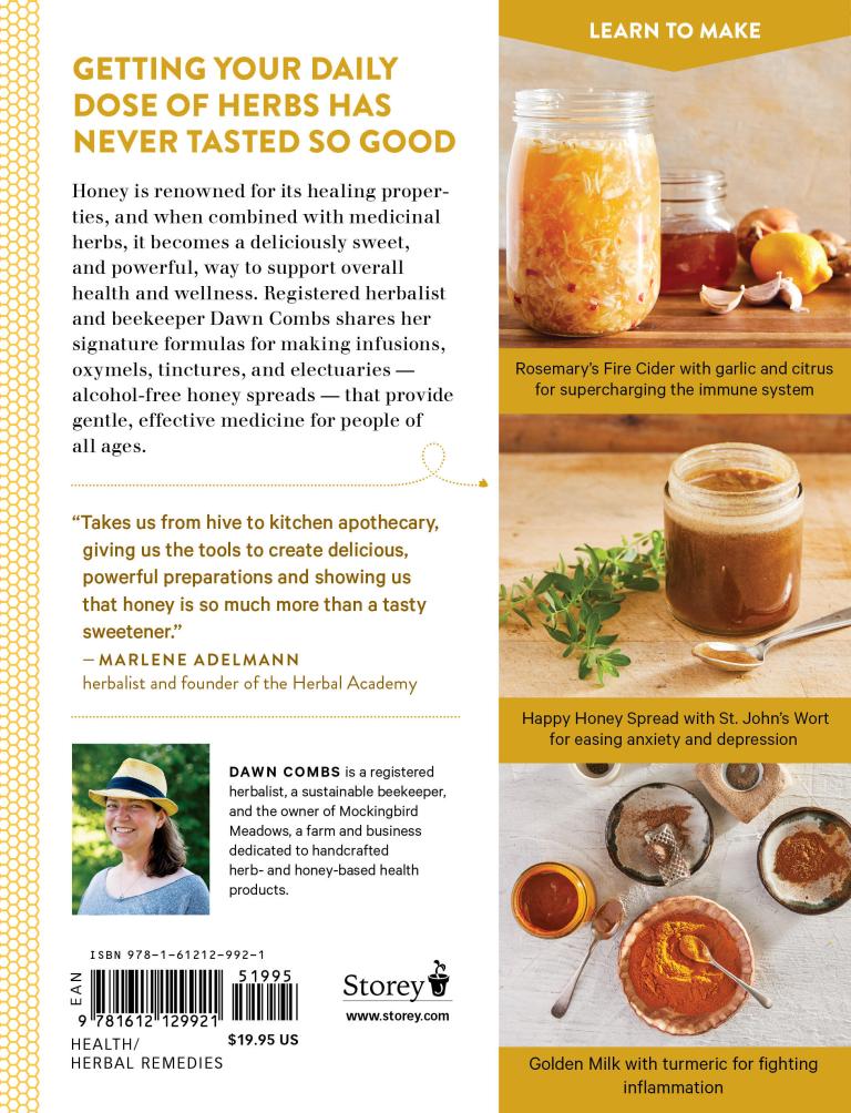 Bookback with images of honey and herbs, featuring text about honey and herbs.