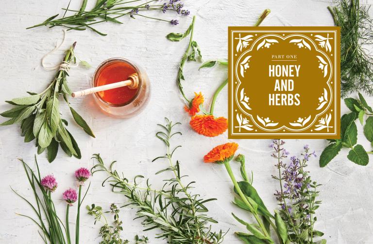 Honey and herbs on a textured surface with a book titled 'Honey and Herbs'.