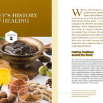 Book page about honey's history of healing with text and images of honey and herbs.