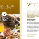Book page about honey's history of healing with text and images of honey and herbs.
