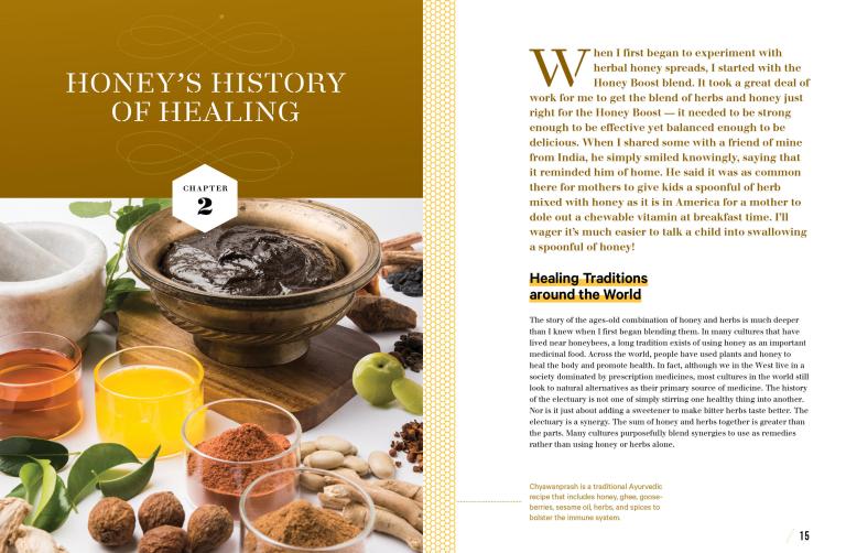 Book page about honey's history of healing with text and images of honey and herbs.
