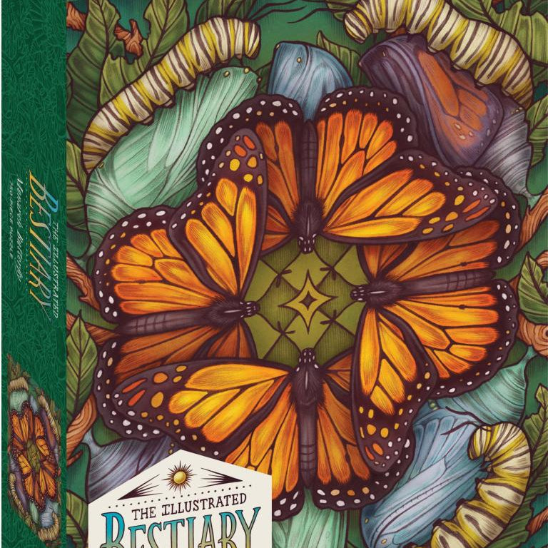 Illustrated Bestiary book cover with butterflies and caterpillars