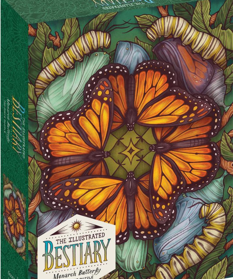 Illustrated Bestiary book cover with butterflies and caterpillars