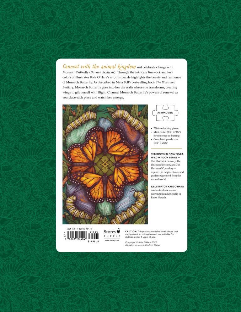 Puzzle box with butterfly design on a green patterned background