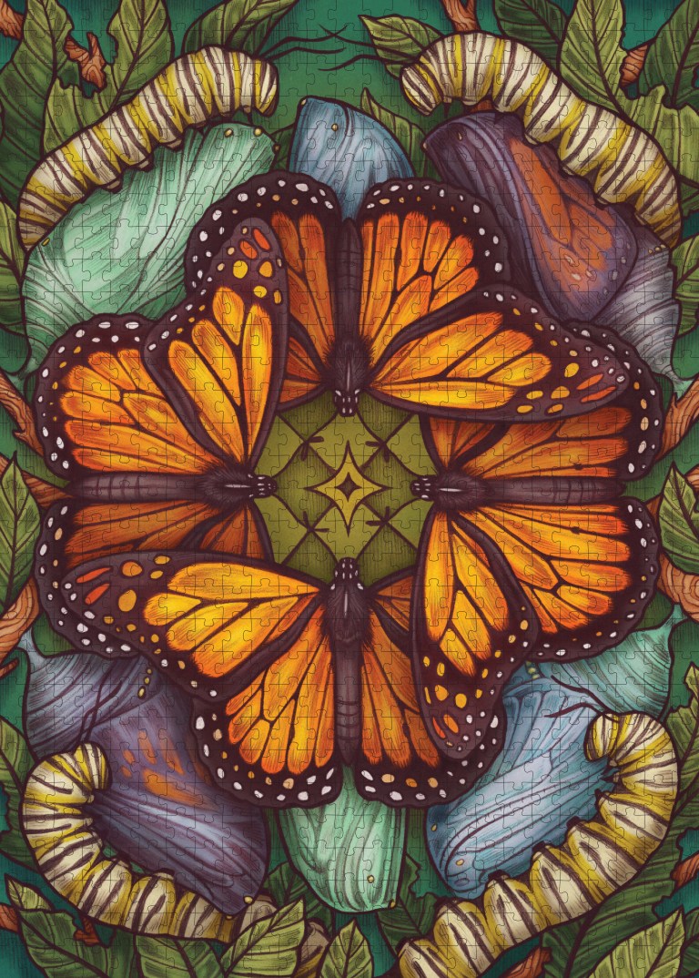 Colorful butterfly design puzzle with intricate patterns on a green background