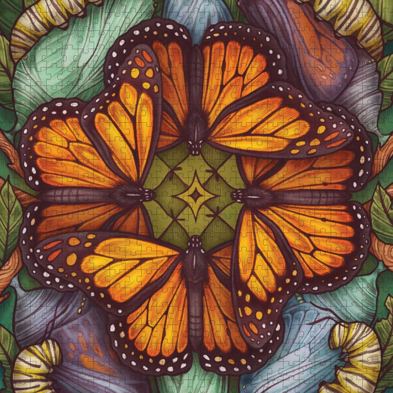 Colorful butterfly design puzzle with intricate patterns on a green background