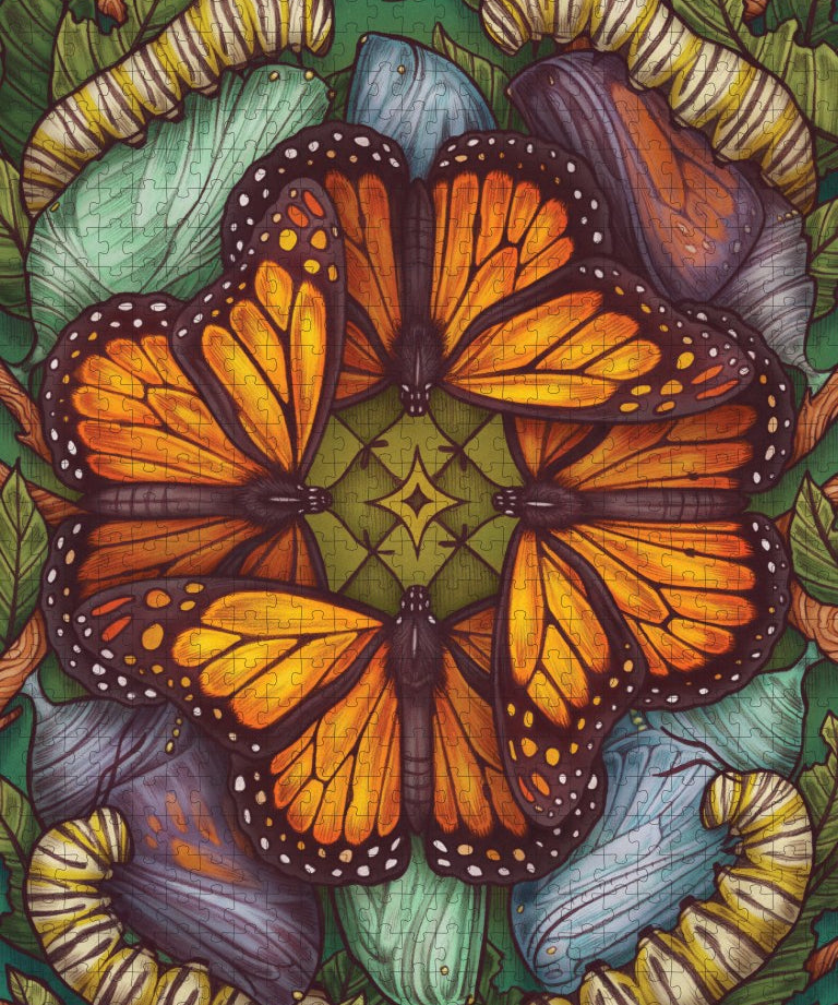 Colorful butterfly design puzzle with intricate patterns on a green background