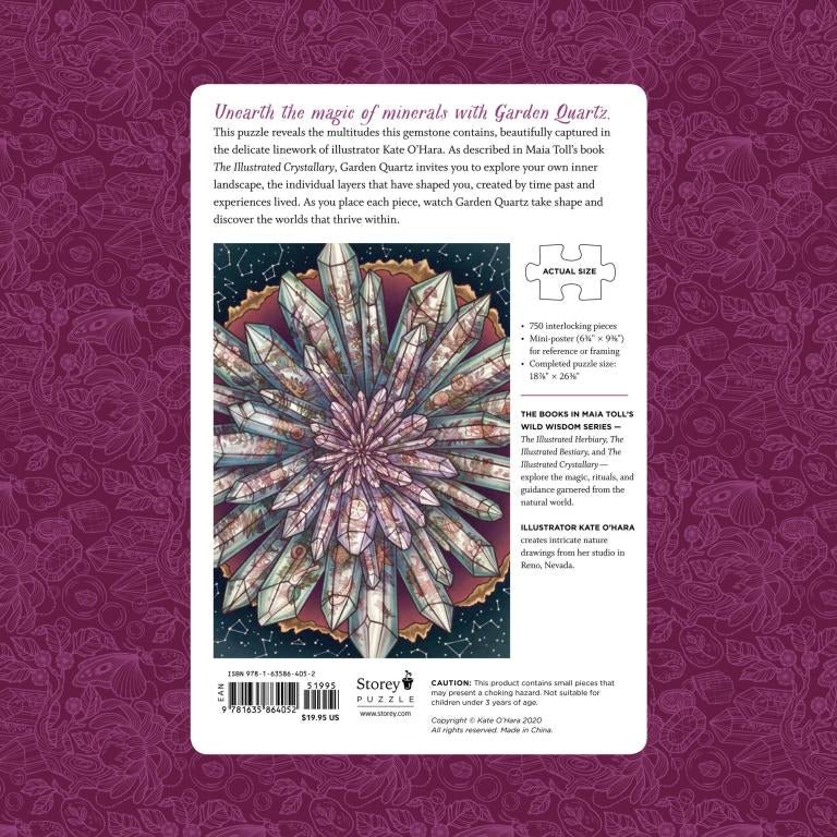 Jigsaw puzzle packaging with garden quartz illustration on a purple floral patterned background