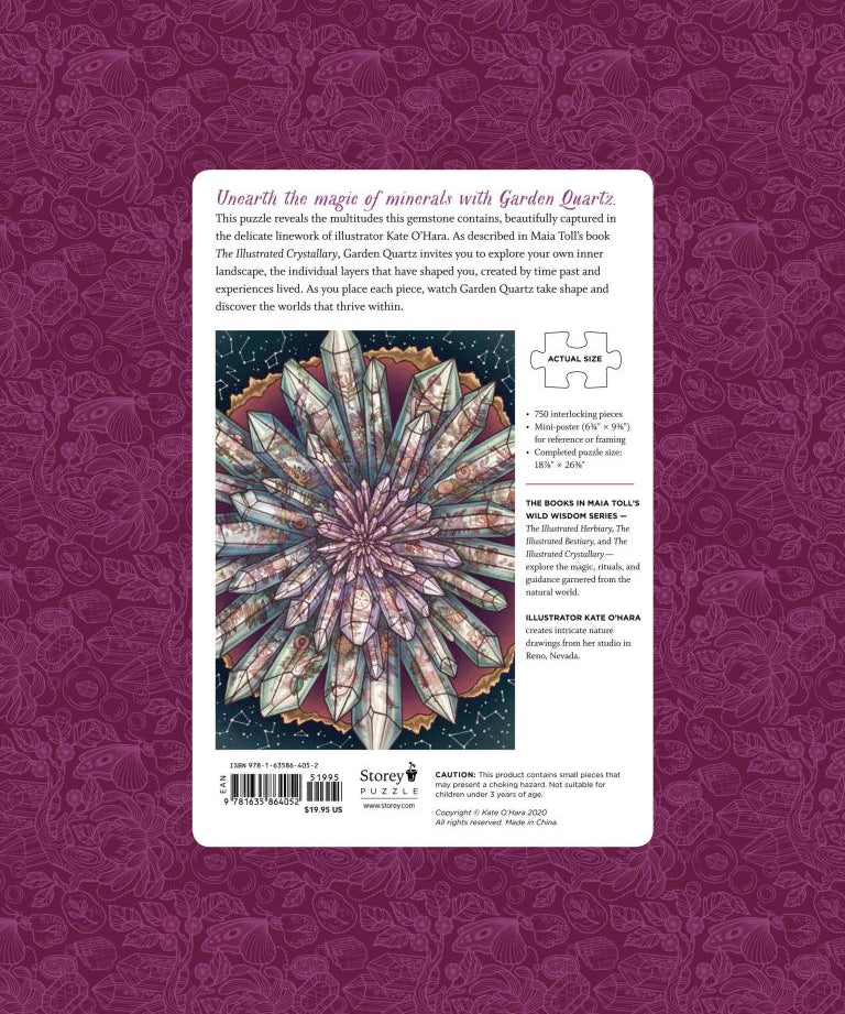 Jigsaw puzzle packaging with garden quartz illustration on a purple floral patterned background